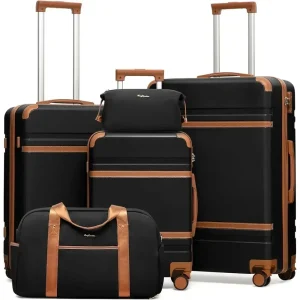 (Black/Brown)5-Piece Hard shell Luggage Set with Spinner Wheels